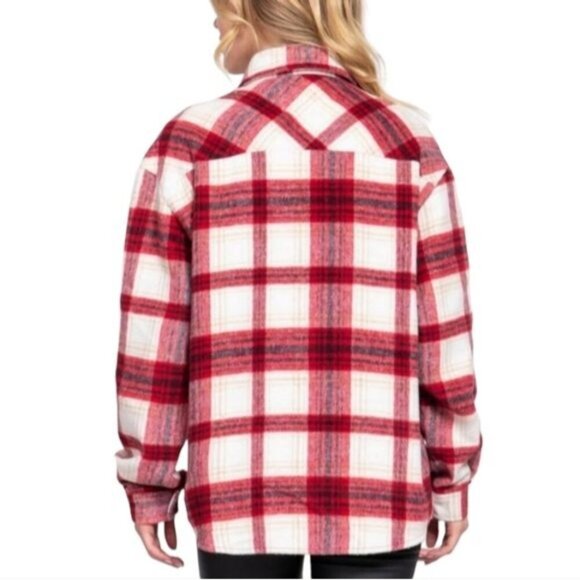 Active USA Wool Blend Shacket Tartan Plaid Flannel Red Ivory Multicolor Jacket L - Picture 7 of 13